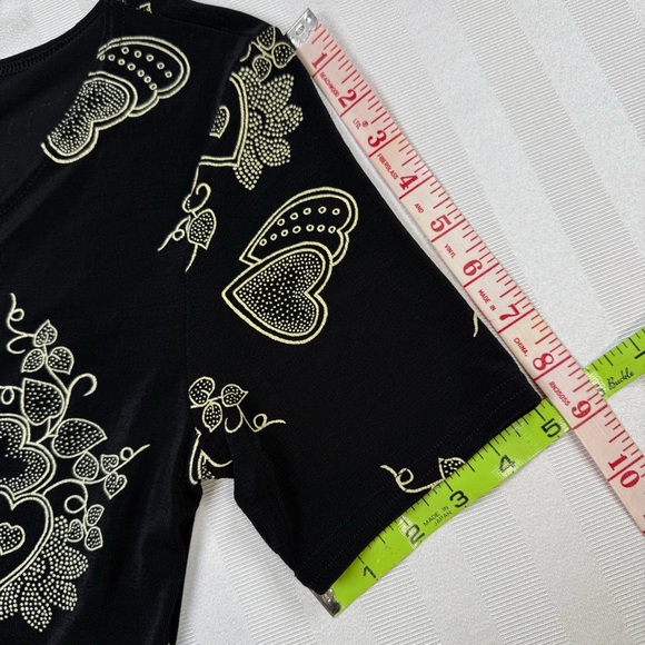 es•se Black Tunic Top Heart Pattern Button Front Small Knit VTG 90s Esse - Picture 12 of 14
